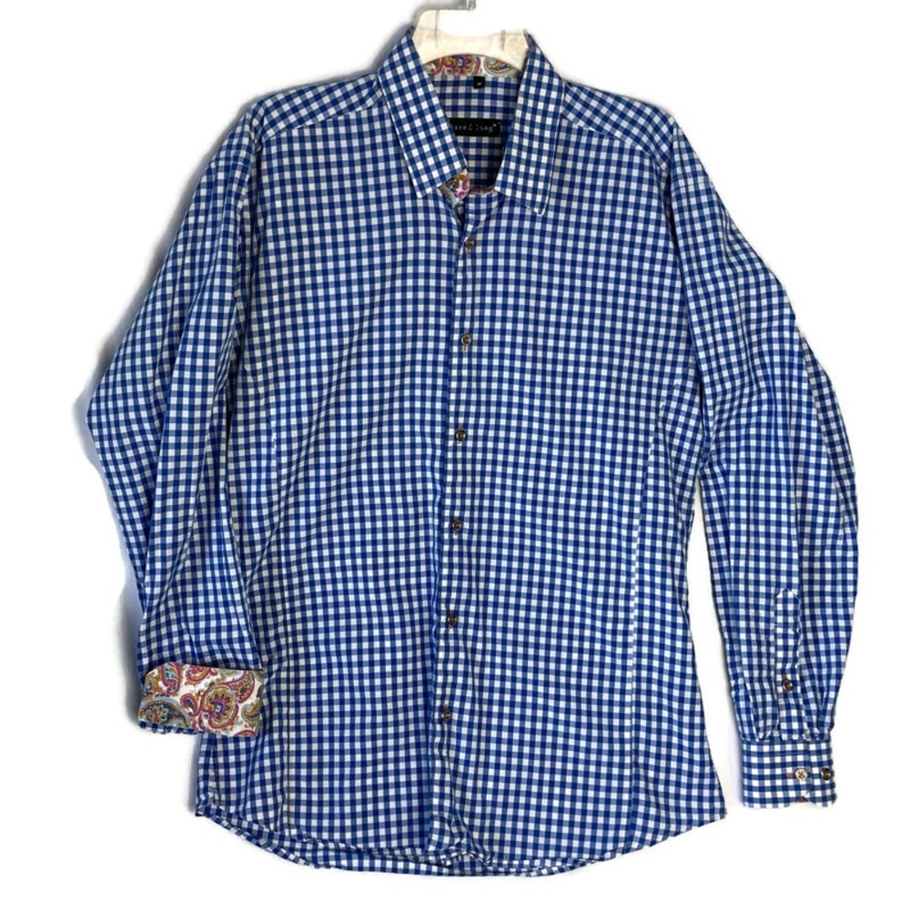 Jared Lang Blue and White Checkered Shirt with Patterned Cuffs